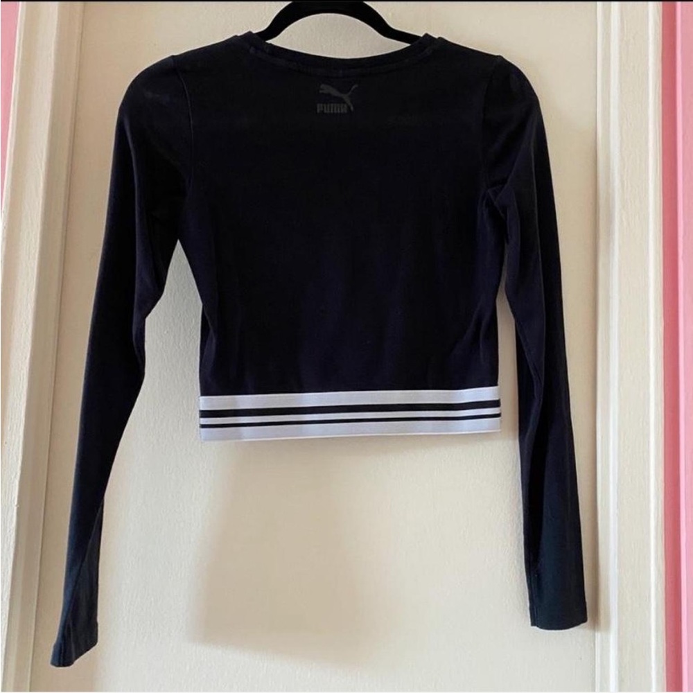 Puma Fitted Black Ling Sleeve Semi-Crop Top with Logo and White Elastic Band - Picture 2 of 3